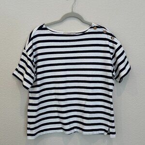 LOFT Navy and White Stripe Top with Gold Shoulder Buttons
